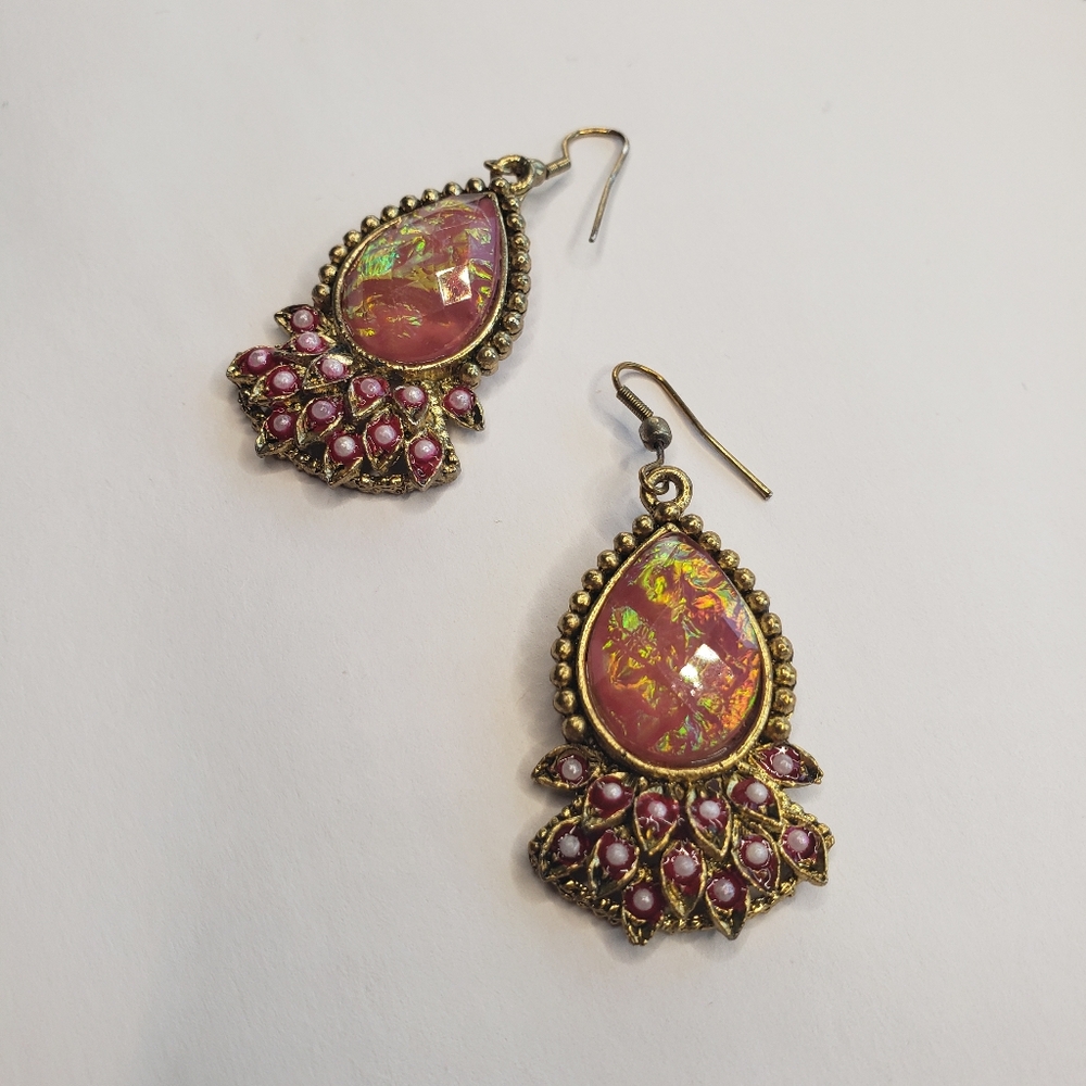 Sparkly Pink Gold Holographic Opalite Opal Moonstone Teardrop Earrings